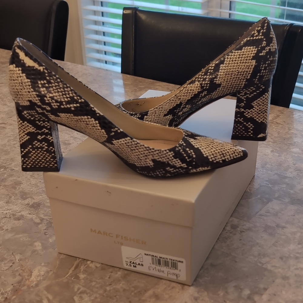 Marc Fisher Zala Snake-Print Block Heel Pumps in Neutral and Black